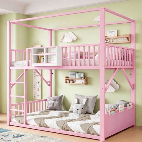 MODFU – Letto a castello per bambini 90x200 cm con tetto, mensola, tasca contenitore, barriere di sicurezza e struttura in metallo – Rosa (1/5)