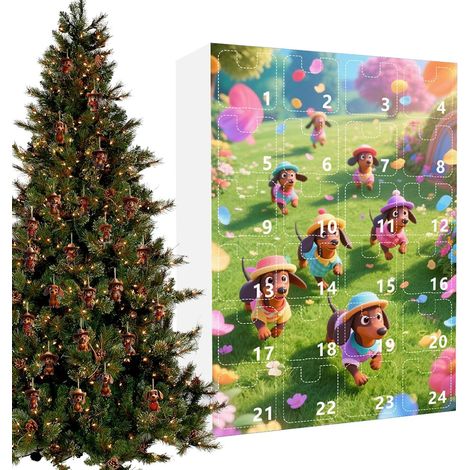 Calendrier de l'avent avec pendentifs Noël Souvenir Animal en Tenue de Calendrier de l'Avent chien teckel 24 jours pour ados adultes étudiants sapin fenêtre mur manteau (1/5)