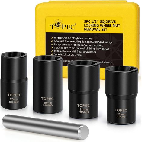 Extracteur d'écrous de roue - 5 pièces Outils de douilles métriques pour extraire les boulons et les écrous de roue (1/5)