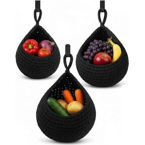 Ensemble de 3 paniers muraux suspendus style bohème pour la cuisine, en forme de larme, avec crochets, pour ranger fruits, oignons, légumes et pommes de terre. (1/5)
