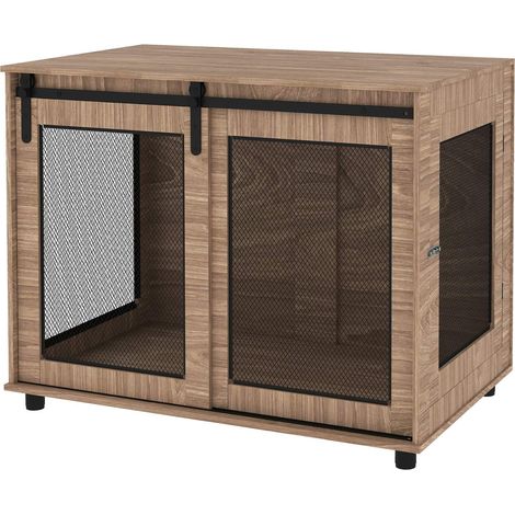 Hundekäfig Möbel, Hundebox mit 2 verschließbaren Türen, Beistelltisch für Zuhause, Hundehaus für große Hunde unter 30 kg, Stahl, 98 x 60 x 78 cm, Nussbaum 