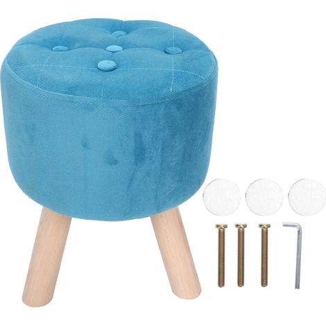 Pouf Rond en Velours Bleu Repose-Pieds Tabouret d'Entrée Confortable Structure en Bois Stable 30x35cm (1/4)