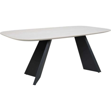 Deco In Paris – Table de salle à manger en céramique beige – Pieds en bois noir inclinés – 8 personnes – 200 cm – Design moderne et élégant (1/4)