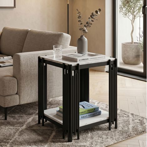 Table de chevet moderne avec 2 étagères en MDF effet marbre, cadre métallique noir, 55 x 43 x 40 cm (1/5)