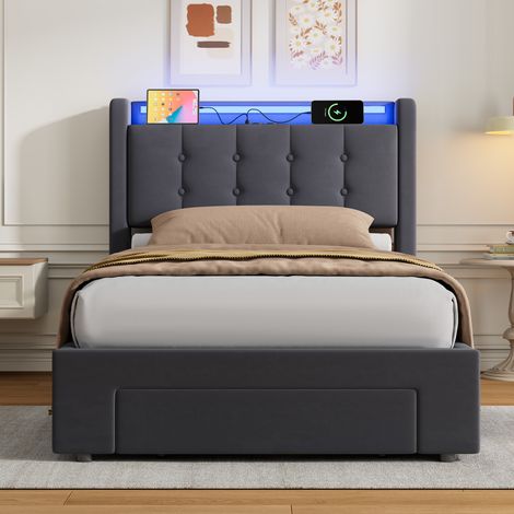 Bett 90x200 cm Gepolstert mit LED, 2 Große Schubladen, USB-Anschlüsse, Hydraulikmechanismus, Strapazierfähiger Samt - Modernes und Funktionales Design (1/5)