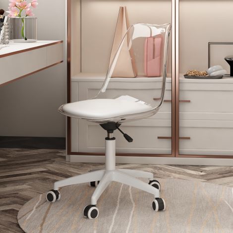 Poltrona girevole moderna con schienale trasparente, regolabile in altezza, rivestimento in PU e rotelle scorrevoli per un movimento sicuro. Design minimalista per case e uffici europei.
