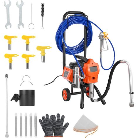 Pistolet à peinture airless 1500W, 3300 PSI, avec chariot, brosse de nettoyage, tuyau, rallonge et buses – idéal pour grands chantiers et appartements. (1/5)