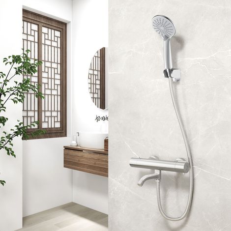 Biubiubath Thermostatic shower Bar with Riser Kit rod, exposed double valve, with hand shower set, 1.5m shower hose, Chrome (1/5)