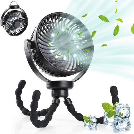 Ventilateur pour poussette avec LED, éclairage, 5200 mAh, petit ventilateur de table pour le camping, ventilateur avec crochet de suspension, pivotant à 360°, ventilateur portable rechargeable - Noir (1/5)