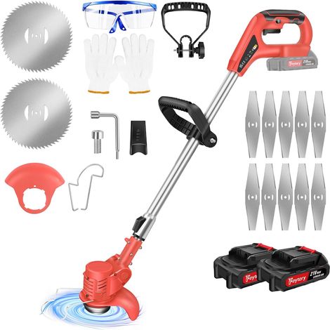 Tondeuse à gazon sans fil de jardin, tondeuse à gazon électrique à lame métallique, tondeuse à gazon légère réglable en hauteur, débroussailleuse avec 2 batteries de 1,5 AH et 12 lames pour le désherb