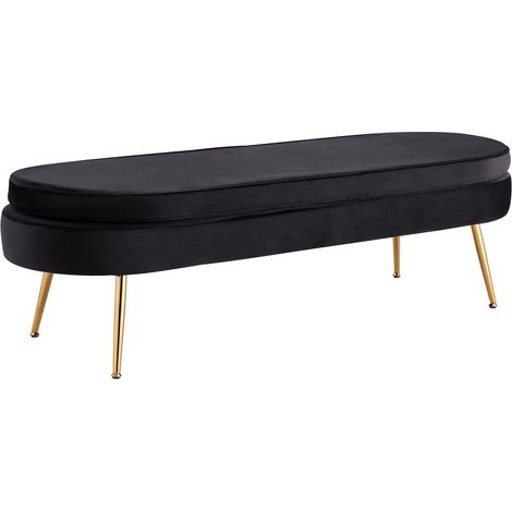 Pouf Ovale Long en Velours Noir et Métal Doré Repose-Pieds Bout de Canapé Assise 41 cm - PANGIVO (1/3)