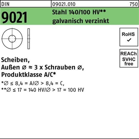 Rondelle DIN 9021 10,5x 30x2,5 acier 140/100 HV galv. 250 pièces