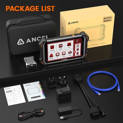 Tablette diagnostic automobile ANCEL DS600 BT Bluetooth OBDII multi-marques 12V, outil lecture effacement codes défaut réinitialisation entretien tous systèmes ECU plage de travail -20°C à 50°C coffre (1/5)