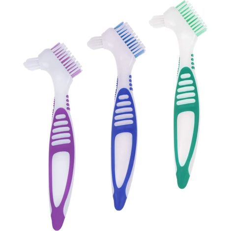MINKUROW Parts Spazzolino Per Protesi, Spazzolino Per Dentiera, Set Per La Pulizia Igienica Della Protesi - Setole Multistrato E Impugnature Ergonomiche In Gomma (3 Colori) (1/5)