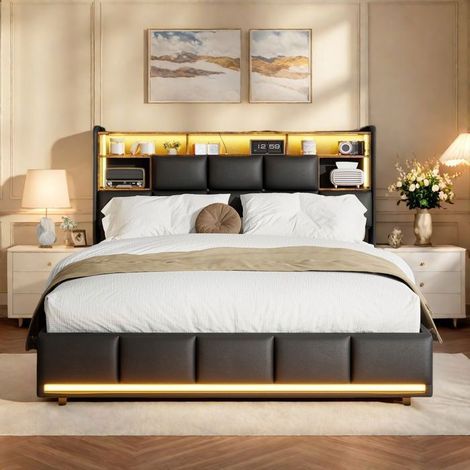 Bett mit Kopfteil 140x190 cm, Doppelbett, Bettgestell 140x190 cm, Lattenrost enthalten, Bett 140x190 cm mit Stauraum und LED, PU, Schwarz