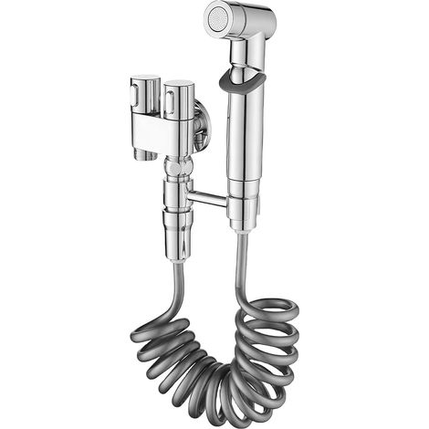 WC-Handbrause: Edelstahl-Handbrauseset mit Doppelventil, einem Einlass und zwei Auslässen, Wasserhahnverteiler und Duschkopf für das Badezimmer. (1/4)