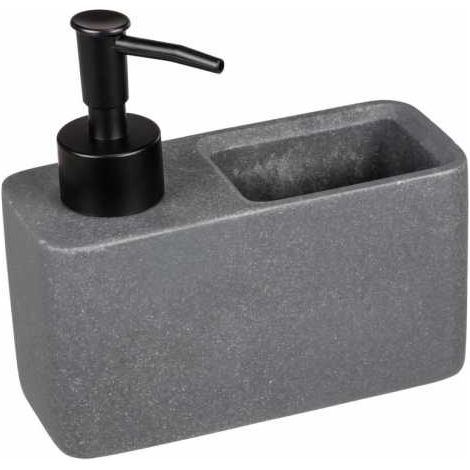 WENKO Dispenser per detersivo Resa, dispenser per sapone, effetto pietra naturale con vano porta spugna (inclusa), ricaricabile, capacità circa 150 ml, dimensioni 14,5 x 14,3 x 6 cm, grigio scuro. (1/5)