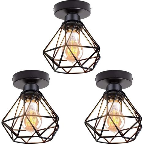 Lot de 3 Plafonniers Industrielles Vintages Luminaires E27 Rétro Lustre Suspension Design Métal Cage Ø160mm éclairage plafond Pour Salon Cuisine Chambre [Classe énergétique A]