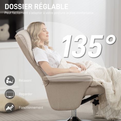 Fauteuil relax inclinable 135° pivotant 360° repose-pieds tissu beige