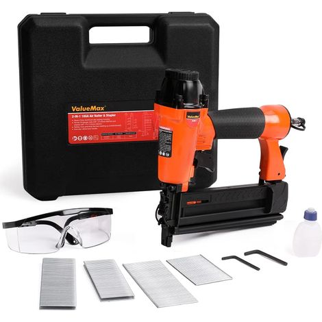 ValueMax Chiodatrice Pneumatica 2 in 1, Sparachiodi Aria Compressa con 200 Chiodi e 200 Graffette, Scarico dell'Aria 360° Orientabile, con Occhiali di Protezione e Custodia in Plastica Portatile (1/5)