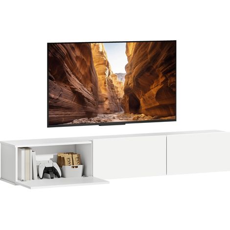 Mobile TV sospeso, supporto TV fino a 82" con armadietti a 3 ante con chiusura ammortizzata inversa, carrello TV per soggiorno, camera da letto e salotto, 180x31,5x29,8 cm, bianco lucido