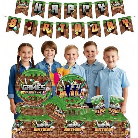 KLVGTIFS PU - Kit Décoration Anniversaire Gamer 52 PCS Vaisselle Jetable (Assiettes, Serviettes), Bannière et Nappe Thème Jeu Vidéo pour Enfants