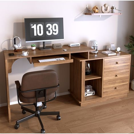 Escritorio multifuncional extensible de 110x40x75,5 cm con bandeja para teclado, 2 nichos abiertos y 3 cajones, MDF efecto nogal. (1/5)