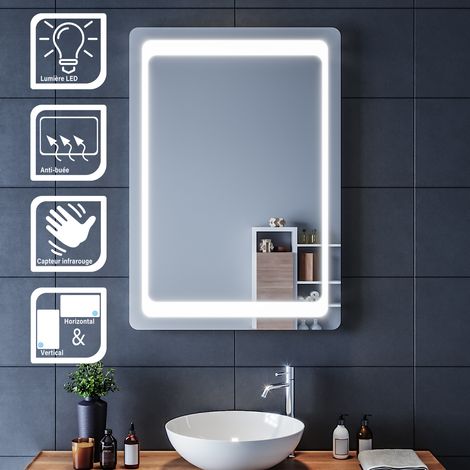 Miroir à LED, Miroir de Salle de Bains avec éclairage à LED, Vertical ou Horizontal, Miroir avec Capteur de Contrôle/Anti-buée, SIRHONA - 100x70 cm (1/5)
