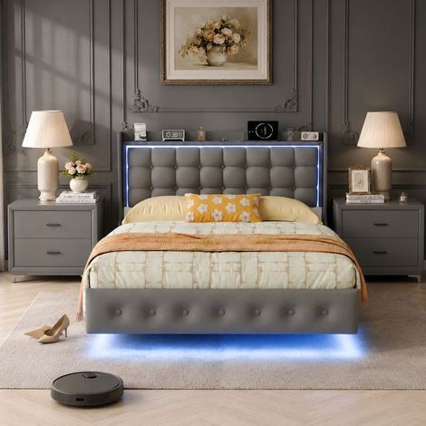 Cama suspendida 160x200 cm - Terciopelo gris oscuro - Somier de lamas - Iluminación LED y puerto USB - Cama doble (1/5)