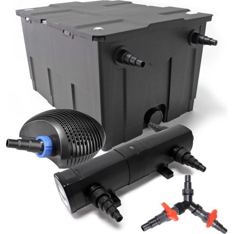 SunSun Komplettset: CBF-550 Teichfilter bis 60000 L Teichfilteranlage als Durchlauffilter, CTF-8000 SuperECO Teichpumpe 8000l/h 70W, CUV-224 Teichklärer UVC Klärer mit 24W, Y-Verteiler