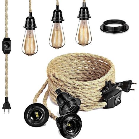 Câble électrique en lin 6,8M – 2 conducteurs – 3 douilles E26/E27 avec interrupteur à intensité variable – Pour éclairage DIY (1/5)