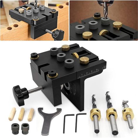 Kit de gabarit de positionnement pour trous de poche 6/8/10/15 mm 3 en 1 avec clip de positionnement, guide de perçage réglable et localisateur de perçage pour meubles (1/5)