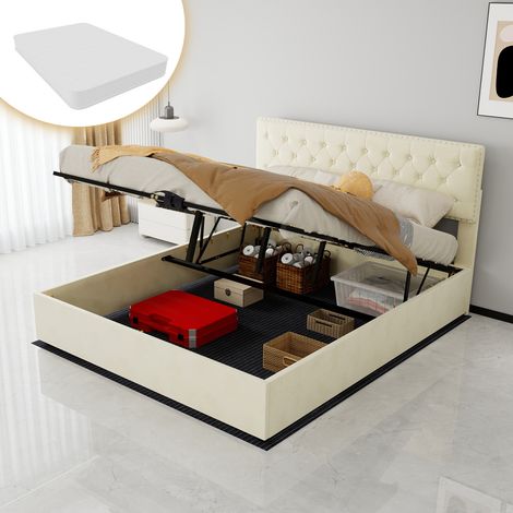 Lit rembourré minimaliste moderne, tête de lit confortable et douce, 160200CM, beige, meuble de chambre multifonctionnel, lit coffre haut avec vérin hydraulique, matelas 160200 cm inclus.
