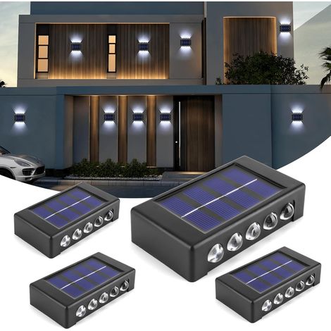 Lot de 4 appliques solaires murales extérieures à 10 LED, étanches, éclairage vers le haut et vers le bas, blanc froid.-AquaForge