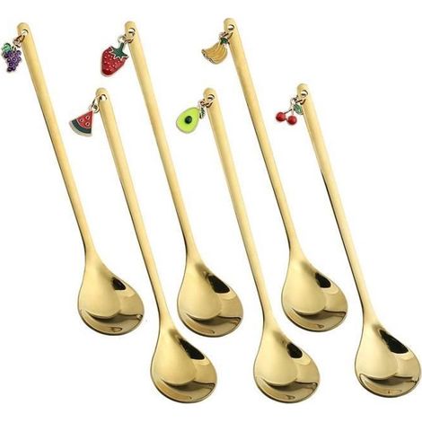 1 lot de 6 cuillères à café en acier immortel avec pendentifs à motif de fruits, 14,8 x 2,7 cm, or. (1/4)