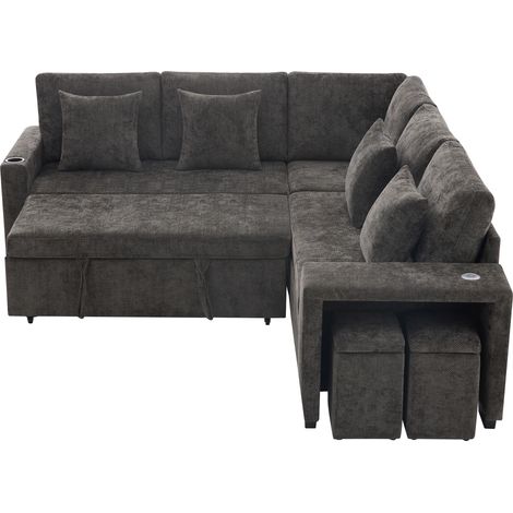 Canapé d'Angle Convertible,Canapé-lit 5 Places avec Rangement,Porte-gobelets,Ports USB/USB-C,En Tissu chenille,220×205×86.50cm,Gris (1/5)