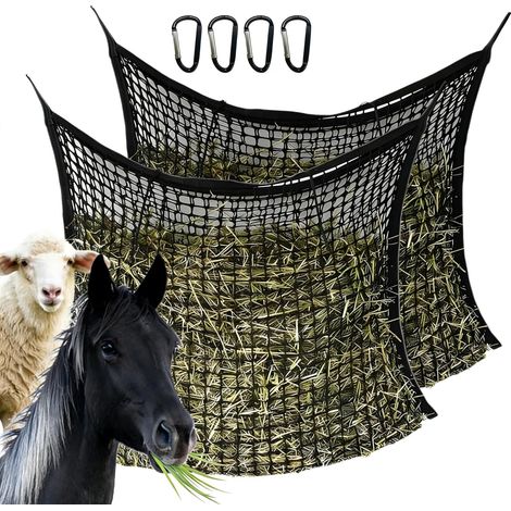 2 Pièces - Filet à foin - Accessoire équestre - Régulation ingestion et réduction gaspillage - Pour chevaux chèvres moutons - Noir - 90x80 cm (1/5)