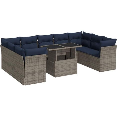 vidaXL Divano Giardino 10 pz con Cuscini Grigio in Polyrattan Acacia (1/5)
