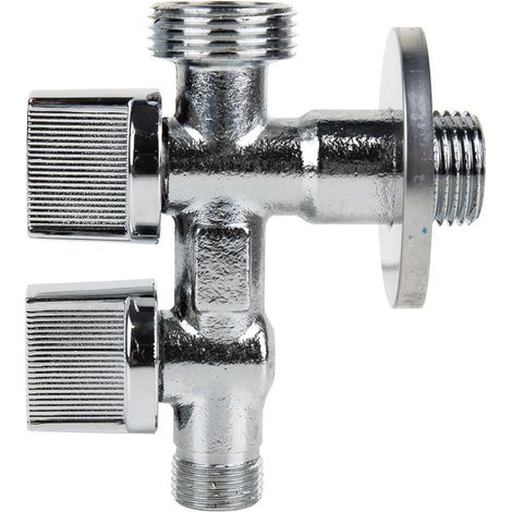 COFAN válvula de escuadra 1/2 x 3/4 x 3/8 doble salida , Válvula de escuadra con doble salida. Fabricada en latón CW617N. Dos salidas independientes. Cierre y apertura en ambas de