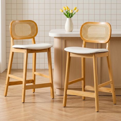 Wahson Tabouret de bar vintage – Lot de 2 chaises hautes en bois massif avec coussins imperméables – Design moderne et rétro pour cuisine et restaurant, Blanc