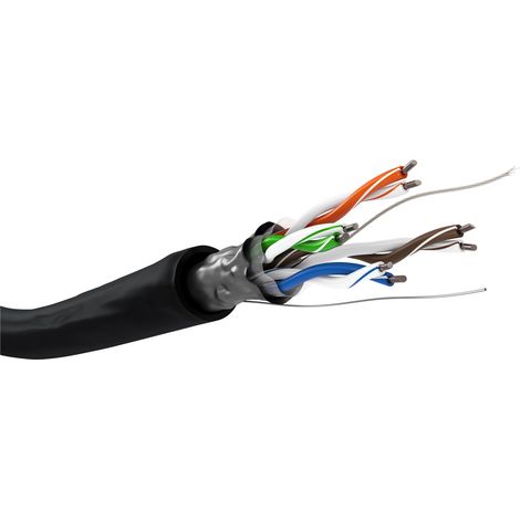 CAT 5e Outdoor Netzwerkkabel, F/UTP, schwarz, Kupferkaschierter Aluminiumleiter (CCA), AWG 24/1 (solid), Polyethylen-Kabelmantel (PE). Kabellänge 100 m