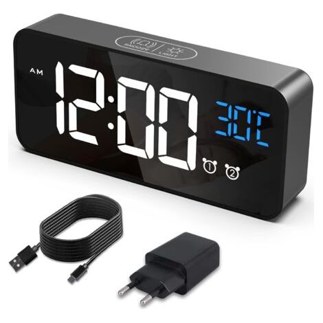 Réveil de chevet avec température, horloge numérique avec 2 alarmes, fonction répétition, 4 niveaux de luminosité, commande vocale, chargement USB, système 12/24 heures (noir) (1/4)