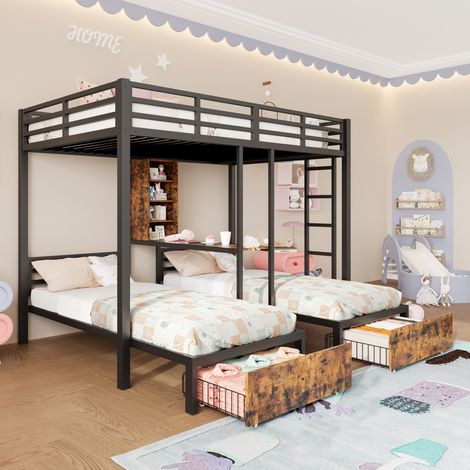 Letto a castello triplo in metallo e MDF nero 140x200 + 90x200 cm con cassetti e vani contenitore (1/4)