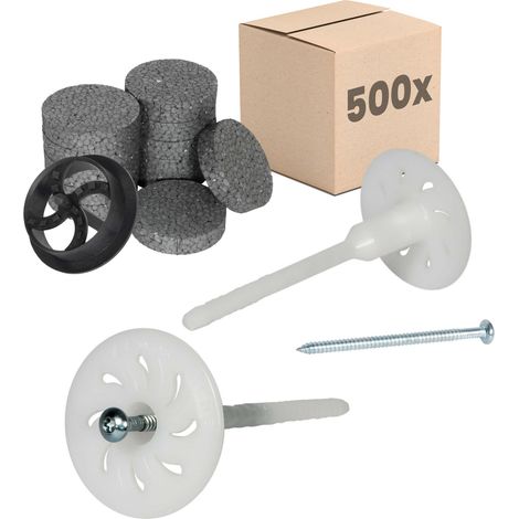 PROTEKTOR Cheville à vis pour isolants thermiques destinée à l'isolation des façades, avec vis en acier zingué - 12cm, 500 Cheville + 600 Rondelle + 1 Fraise, Blanc