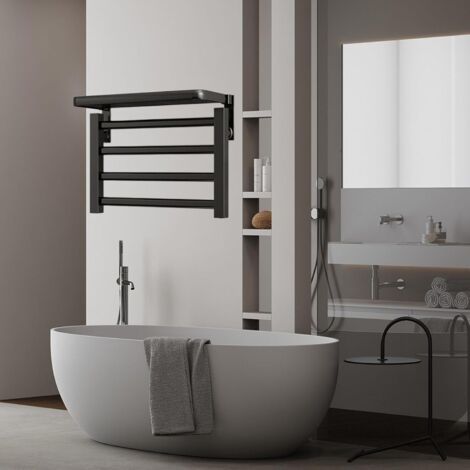 Sèche-serviettes mural à quatre barres, sèche-serviettes électrique intelligent pour salle de bain, avec étagère supérieure, 80 watts, température constante, prise secteur, noir. (1/3)