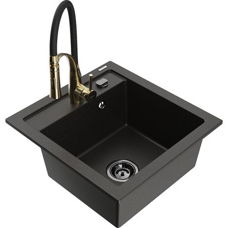 Mexen Vito Granitspüle 1-Becken mit Küchenarmatur Aster, schwarz/gold metallic - 6503-75-73450-57-B (1/5)