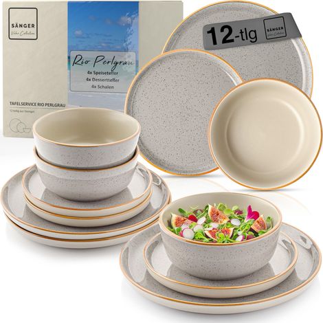 Service de table 12 pièces en faïence pour 4 personnes, 4 assiettes plates, 4 assiettes à dessert, 4 bols et bols gris (1/5)