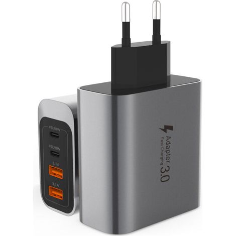 EU Chargeur Rapide 55W 4 Ports avec Câble Type-C 60W, PD20W USB-A 3.1A, Prise EU pour iPhone et Téléphones Mobiles (1/4)