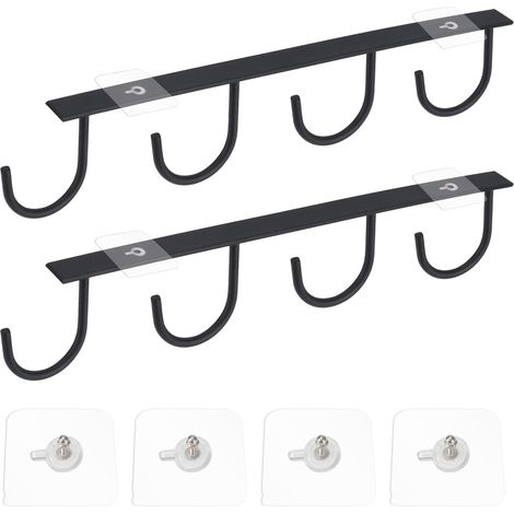 2 Pièces - Porte-Tasses - Crochet De Rangement - Fixation Murale Sans Perçage - Organiseur Cuisine Et Bar - Noir - 26x5,5cm (1/5)