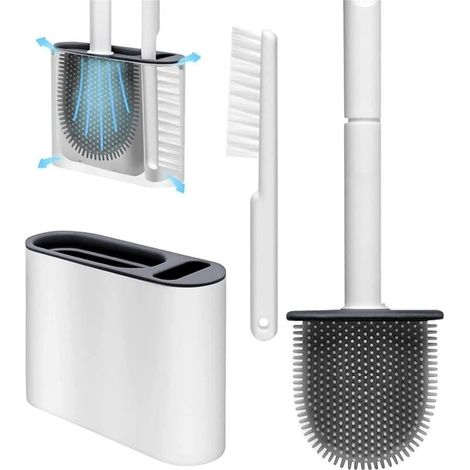 Brosse WC flexible avec support pour nettoyage en profondeur avec fentes d'aération, support au sol et fixation murale (1/5)